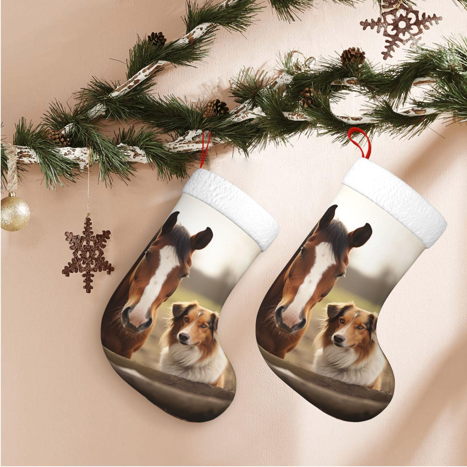 Fodpand Boys Black Collie Dog And Horse Together Christmas Stockings Hanging Ornaments For Holiday Decor, 18 Inches Velvet Xmas Stocking With White Plush Cuff, Candy Gift Bags For Christmas Decorations
