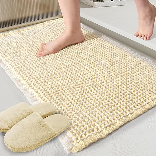 ZALL - Tapete de baño de punto gofre beige, súper absorbente, antideslizante, color crema, 18 x 30 pulgadas, lavable a máquina, ultra suave