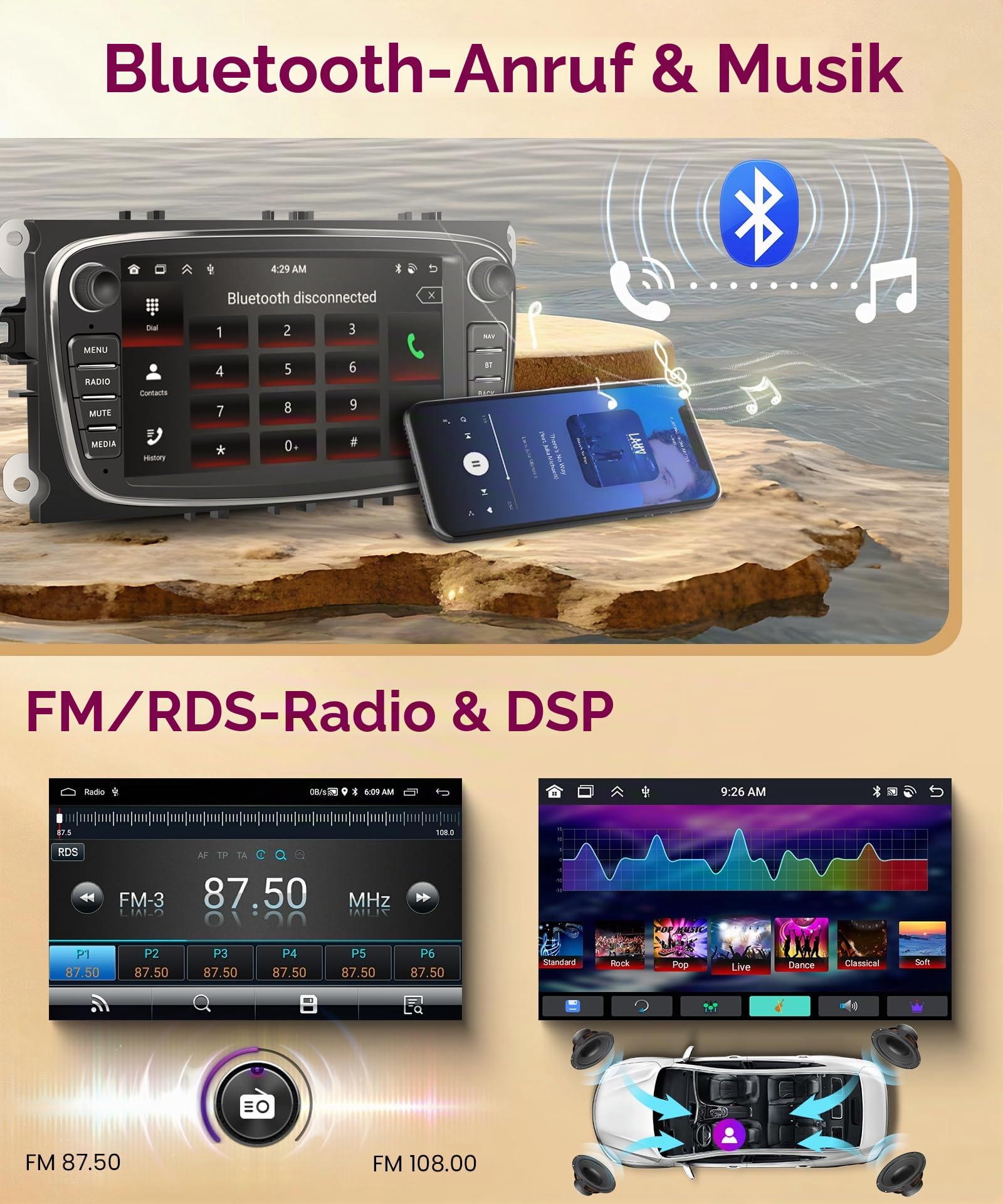 8 Core 6G+128G Android Autoradio für Ford Focus II mk2 Mondeo S-Max C-Max Galaxy 7 Zoll Autoradio mit Wireless Carplay Android Auto Navi GPS WIFI Mirror Link Bluetooth FM/RDS/DSP EQ/SWC Rückfahrkamera