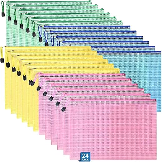 Qualsen 24 pcs Mesh Zipper Pouch Document Bag, Zipper Pouches for Organizing, Mesh Zipper Pouch Bags, Waterproof, A5 Size for Classroom Organization and Storage