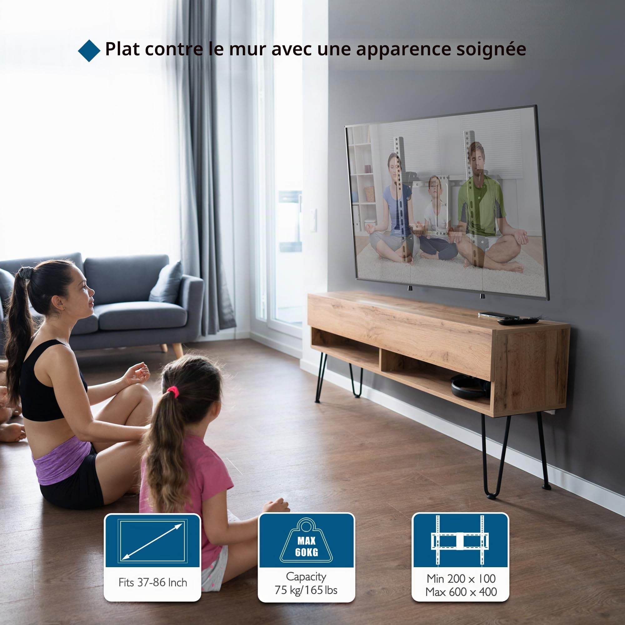 BONTEC Support Mural TV Inclinable pour Téléviseurs LCD, LED, Plasma de 37 à 86 Pouces, VESA 600x400mm, Charge 75 kg, Support TV Mural Fixe avec Niveau à Bulle, Compatible Samsung, TCL