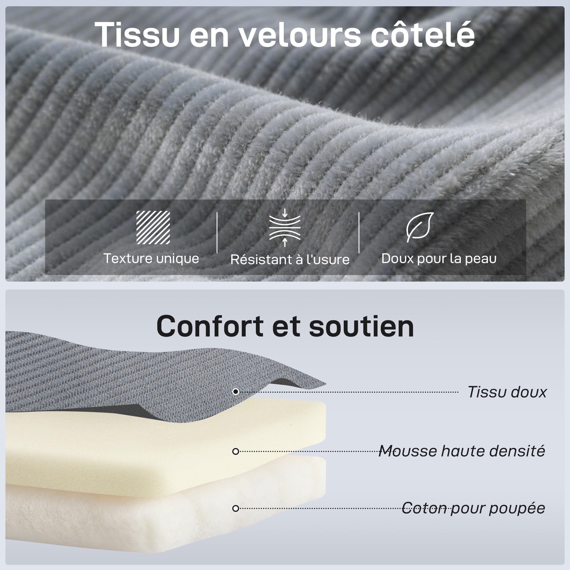 HOMCOM Sillón plegable de pana con colchón suave, respaldo ajustable en 5 posiciones, sofá cama acolchado para salón, oficina, dormitorio, 59 x 230 x 15 cm, color gris