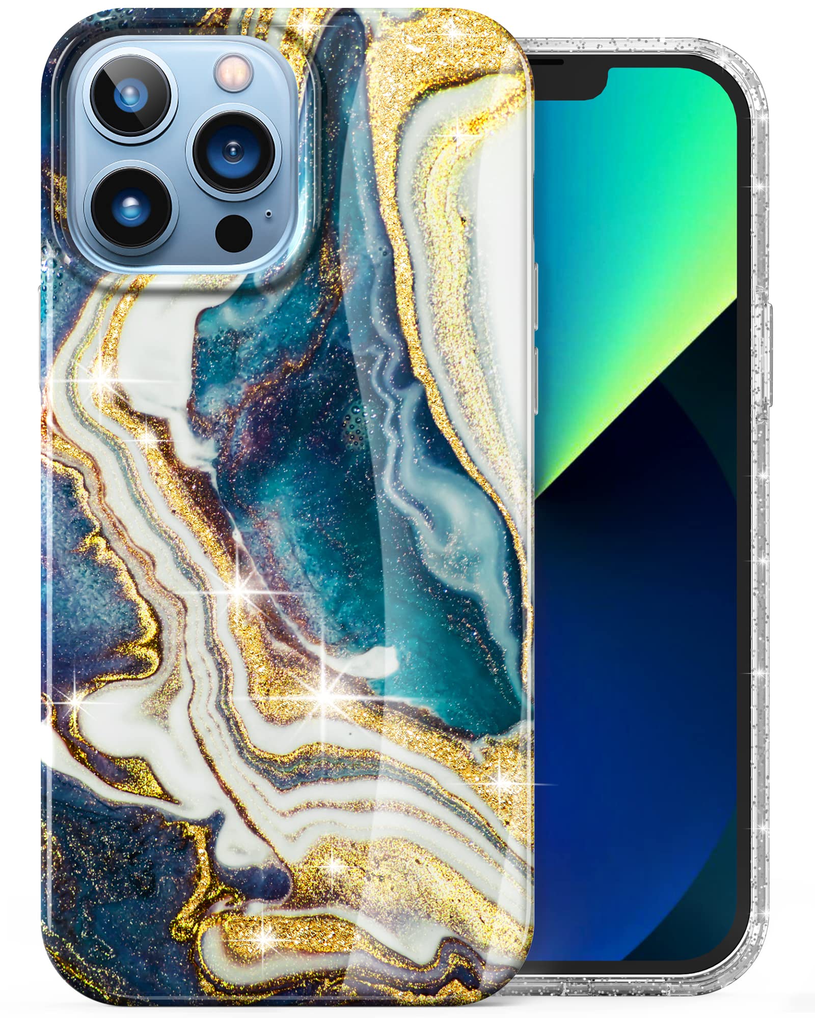 SKYLMW for iPhone 13 Pro Max Case 6.7'', Gold Glitter Bling Marble Pattern Ultra Slim Thin Case for Men/Women, Hard PC Soft TPU Shockproof Protective Scratch-Resistant Durable Cover, Galaxy/Blue