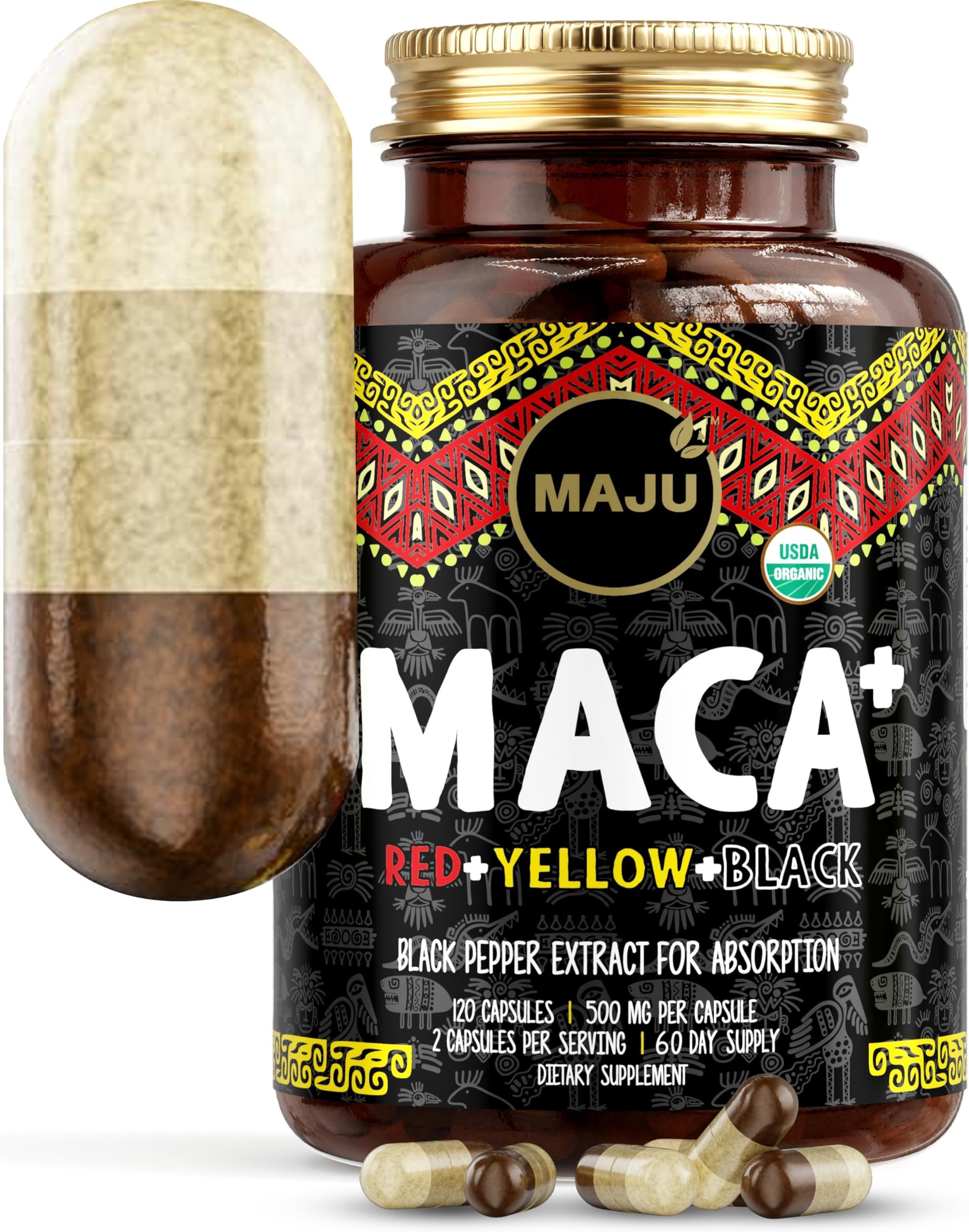 Maju Superfoods Strongest Maca Capsules Root w/Black Pepper Extract for Absorption Roots Powder, Men & Women Supplement,60000mg (Black, Red, Yellow)
