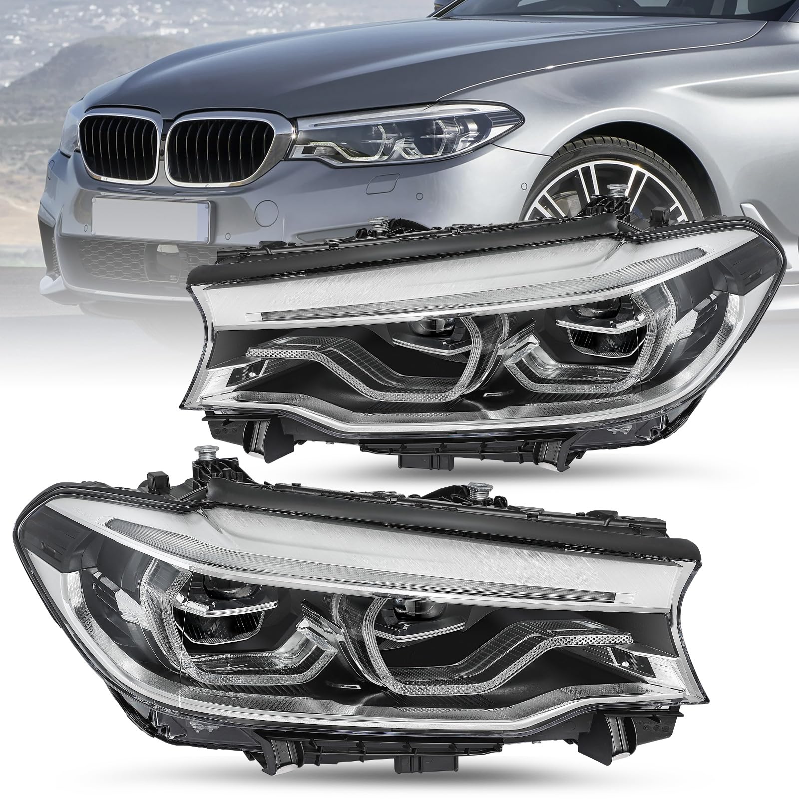 JSBOYATFull LED Headlight Compatible With 2017-2020 BMW 5 Series G30 G31 M5 540i 530i w/LED DRL, Factory Adaptive Headlamp Replacement (Passenger and Driver Side)