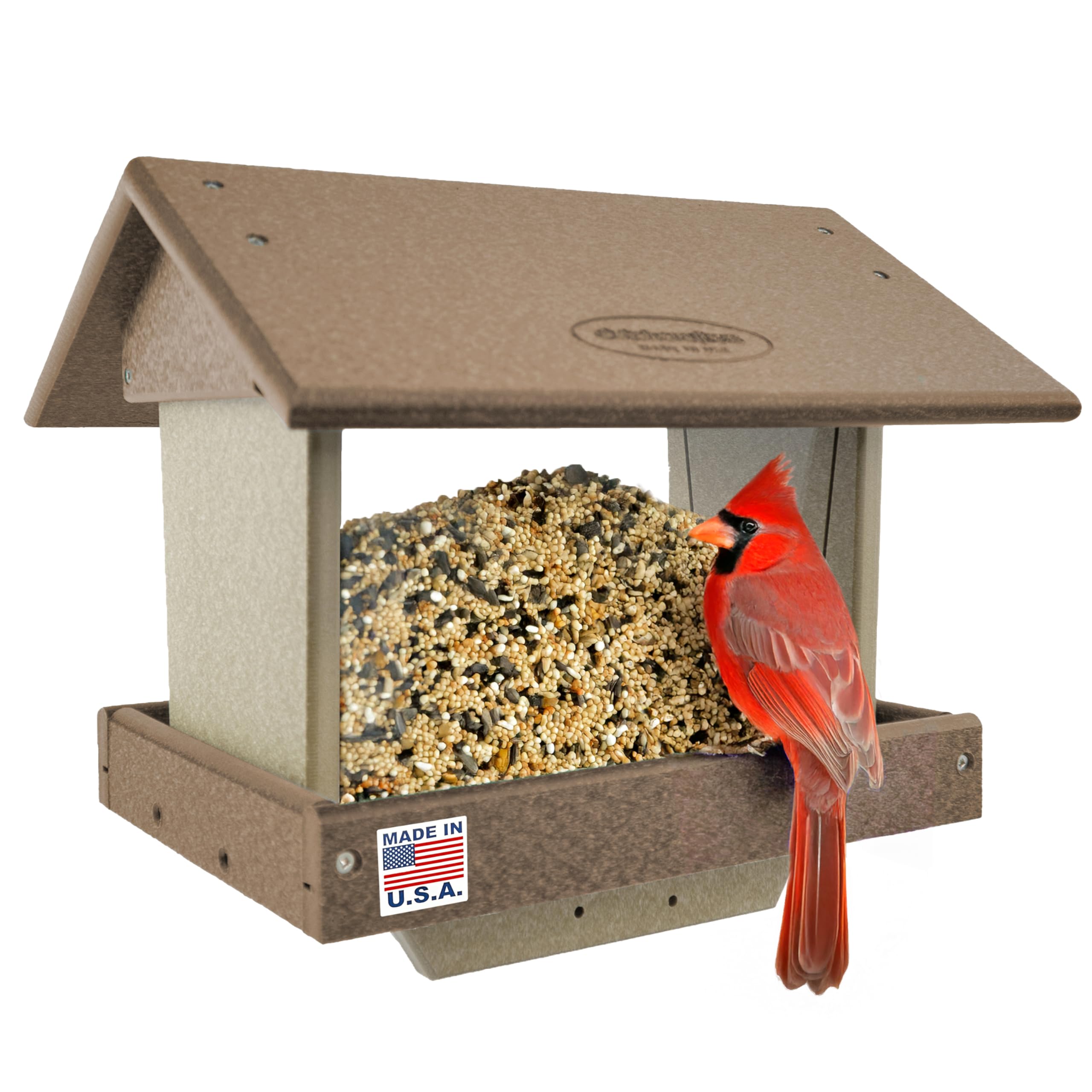 DutchCrafters Vogelfutterstation aus Poly, groß, für 10,2 x 10,2 cm, Wild-Singvogelfutterstation für draußen, Garten, Hof – hergestellt in den USA (Pfostenhalterung, Tudorbraun und Wetterholz)