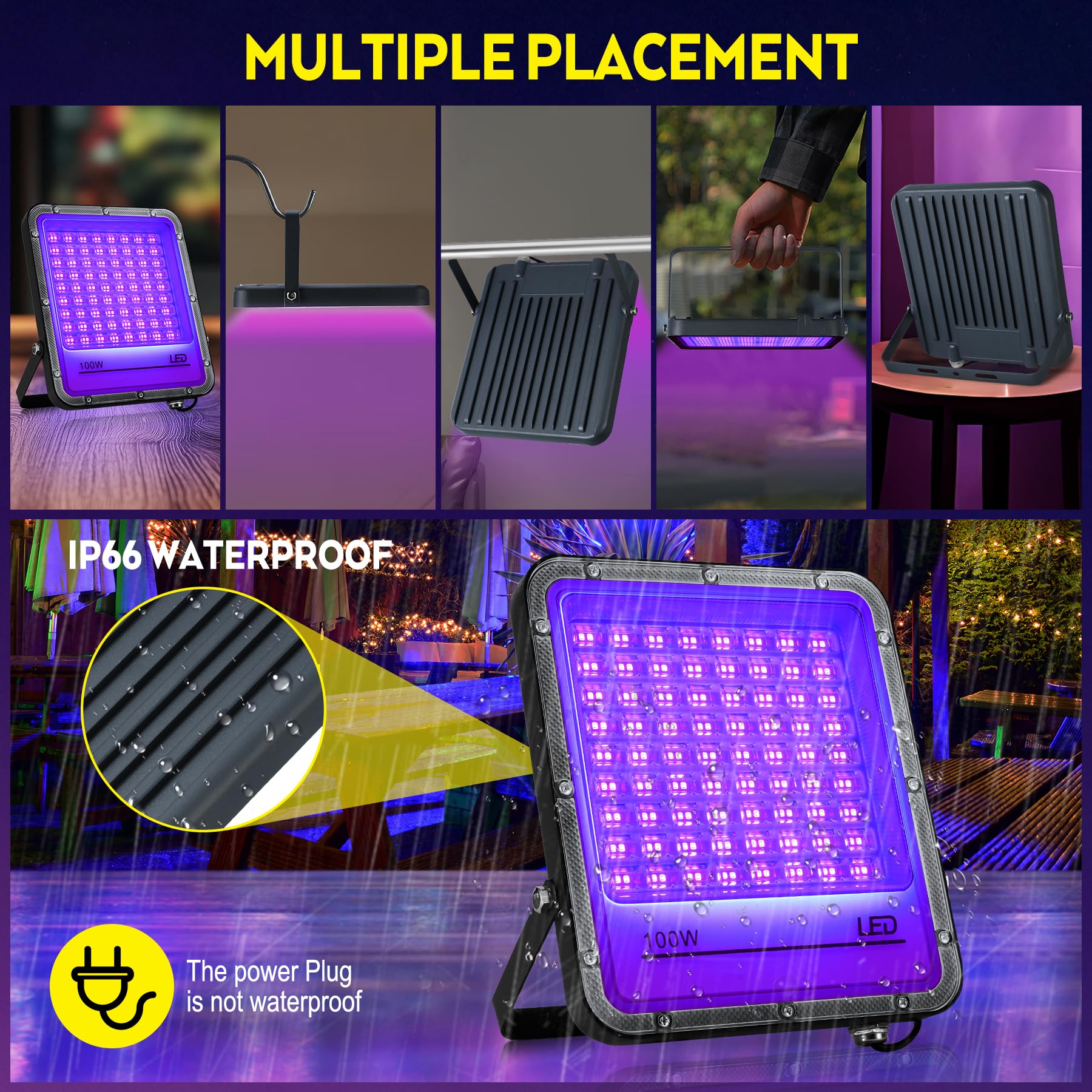 VAYALT 2 Pcs 100W UV Lumière Noire, IP65 Étanche, 395nm Lumière Noire Ultraviolet, pour Soiree Fluo Party, Body Painting, Disco, Bar, Aquarium, Halloween, Éclairage de Scène