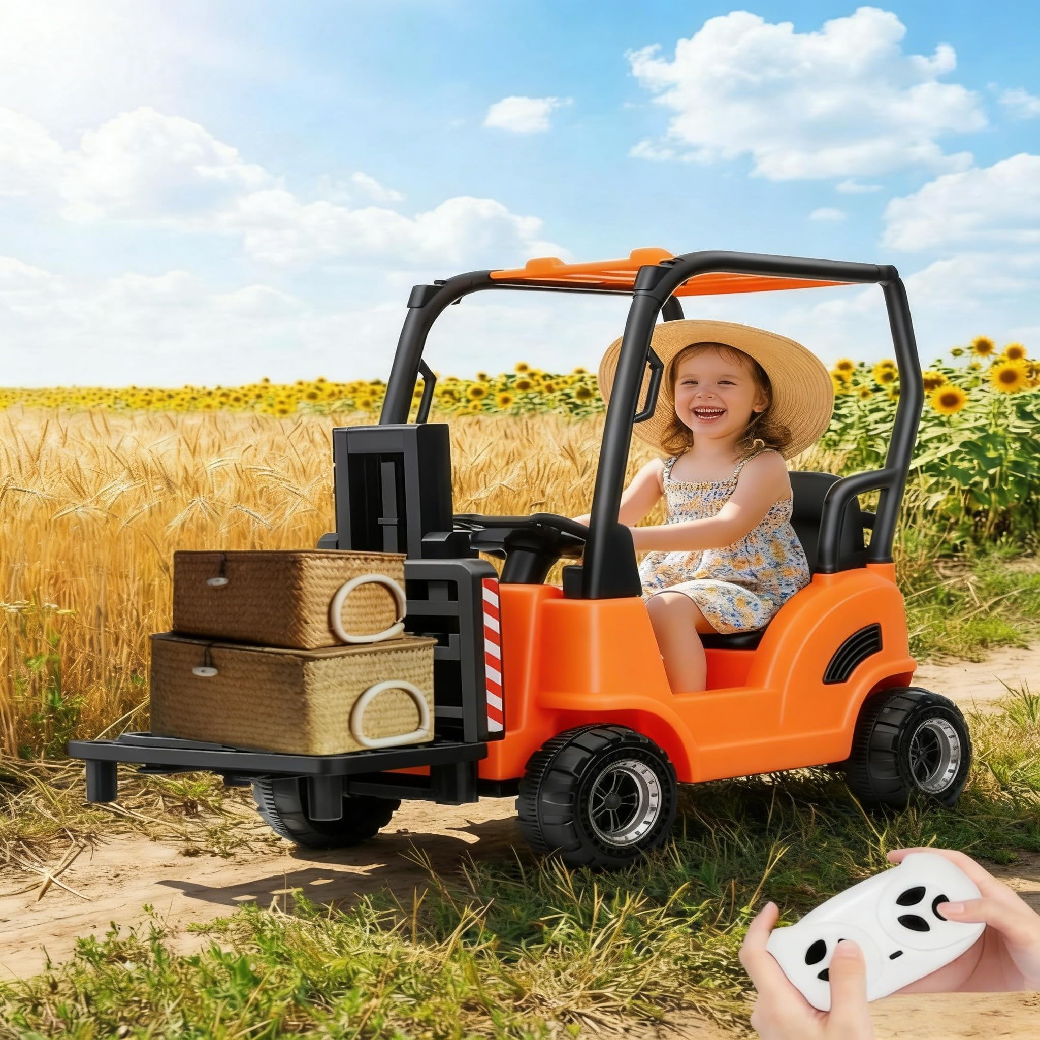 GarveeHome 12V Kinder Elektro Gabelstapler Mit Hebefunktion, Fernbedienung Für Eltern, Musik, USB, MP3, 2 Fahrstufen, Sicheres Elektro Kinderfahrzeug Ab 3 Jahren, Orange