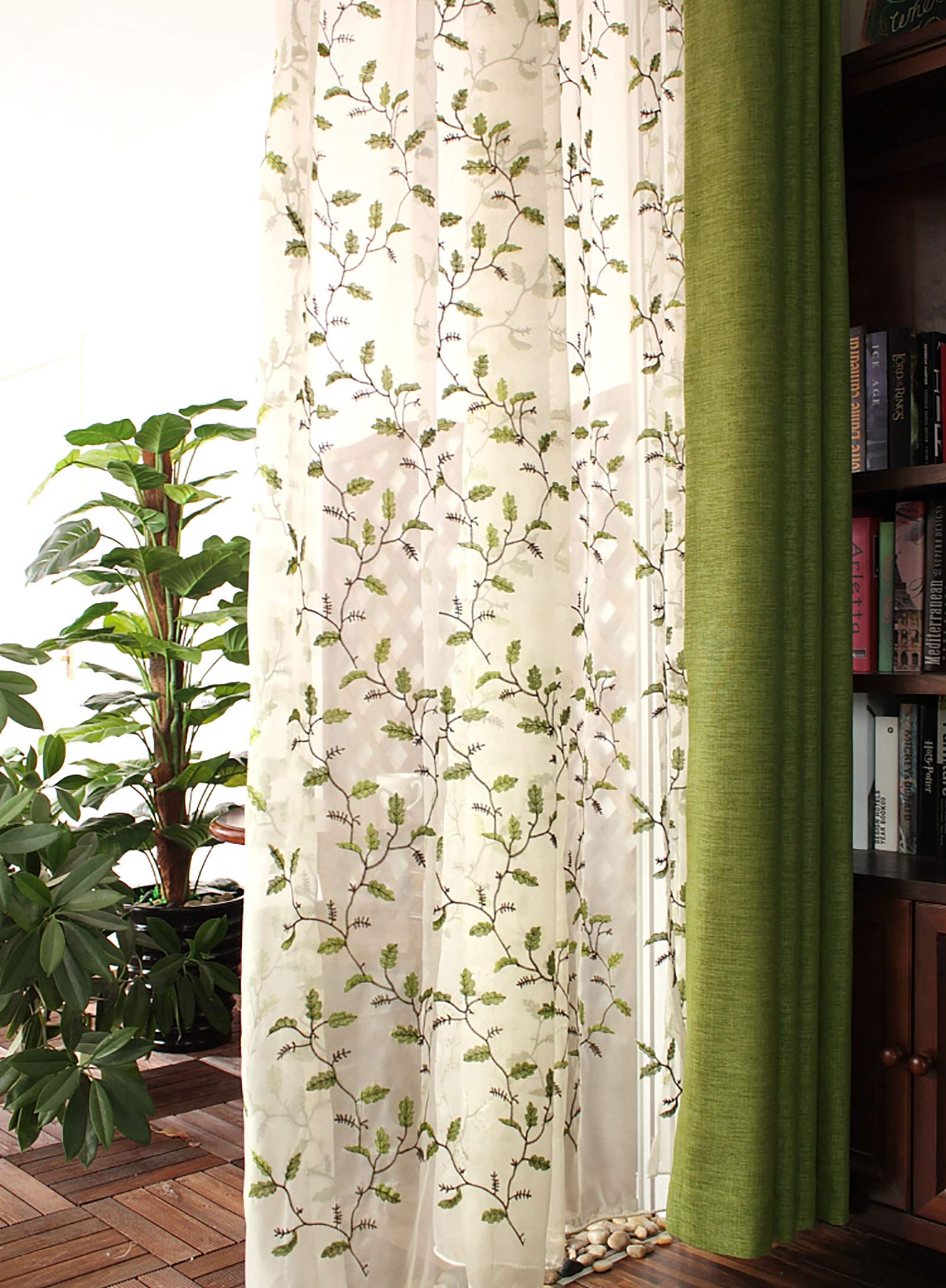 ZZenSmot Style Campagnard Fleur Brodé Rideaux Semi-Transparents,Botanique Feuilles Voile Rideaux pour Domicile Vivant Chambre Décor-A W59*l106inch/1 Panels
