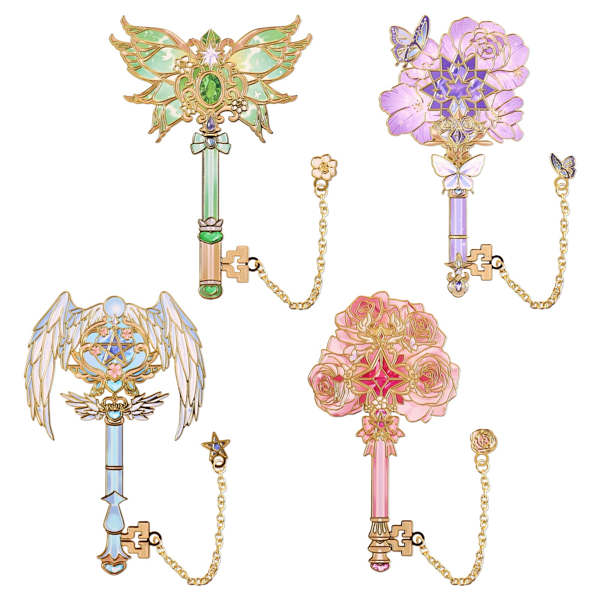 4pcs Metal Bookmarks Set for Reading Women and Men, Enchanted Floral Wing Key Magic Reading Accessories, Fantasy Book Marks Gifts for Book Lovers Readers Kids Page Holders with Flower Feather Designs