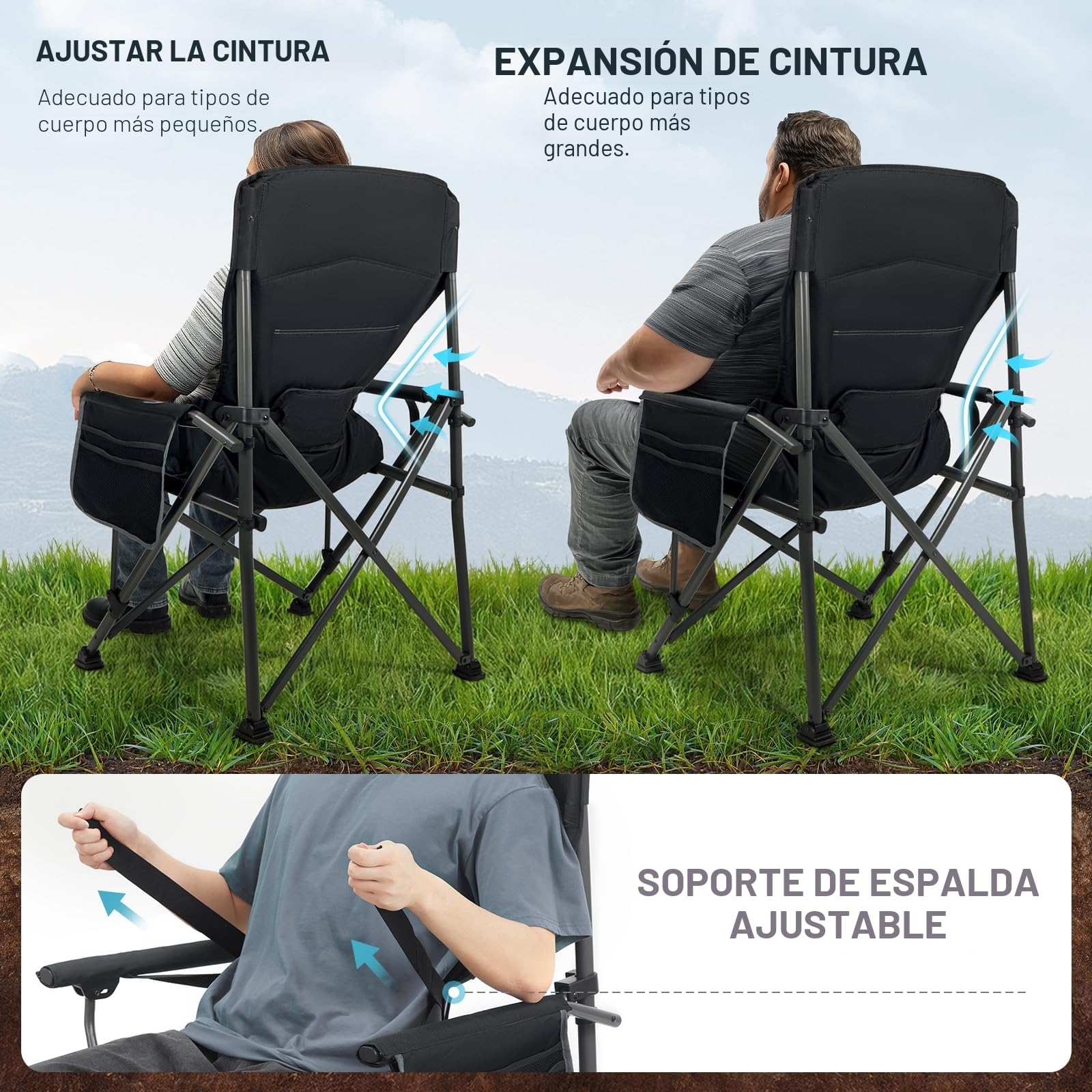 EVER ADVANCED Silla de Camping Plegable, soporta 230 kg, XL, Soporte Lumbar, Silla Plegable de 62 cm de Ancho con Bolsillo Lateral, Soporte para Bebidas, Silla Plegable de Gran tamaño, Silla de Pesca