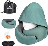 Amazon product image of Travel Pillow - Hooded Neck Pillow Airplane Memory Foam Filling | for Plane, Office, Cars Sleeping, Road Trip, Long Flights Essentials, Includes Eye Mask & Earplugs (Green)