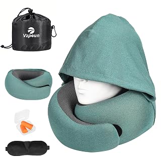 Travel Pillow - Hooded Neck Pillow Airplane Memory Foam Filling for Plane, Office, Cars Sleeping, Road Trip, Long Flights, Airplane Travel Essentials, Includes Eye Mask & Earplugs (Green) - Amazon product rated Grade B