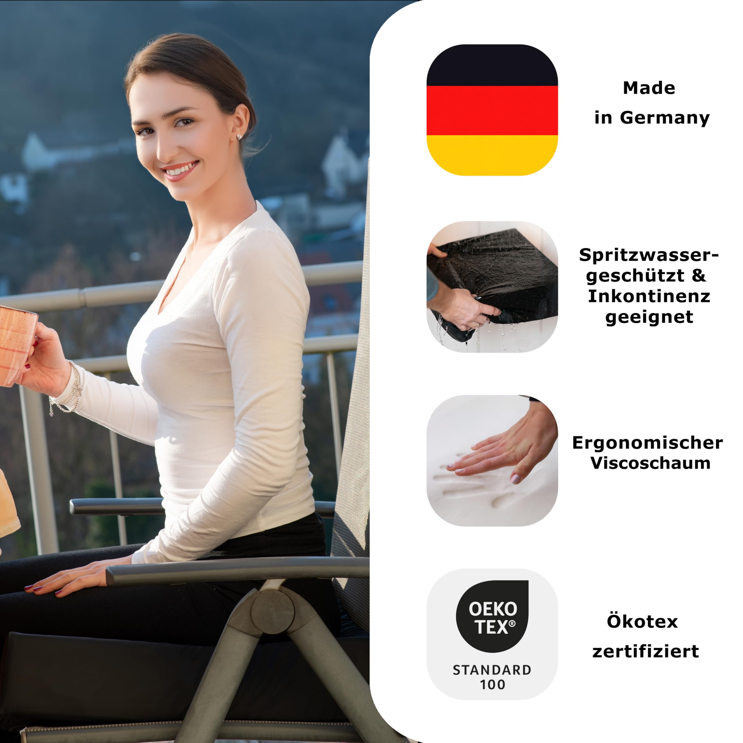 Orthopädisches Anti Dekubitus Viscoschaum Sitzkissen 40x40x10 cm – Made in Germany | Ergonomisch & druckentlastend | (Schwarz, RG85 (mittel) Wasserabweisend schwarz)