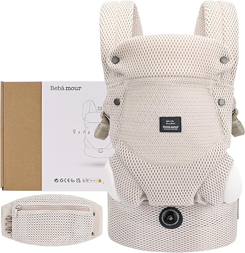 Bebamour Breathable Baby Carrier Ergonomic Infant Carrier for 7-32lbs, Adjustable Knob for Baby Hip Healthy Develop, Air Mesh Infant Carrier,Front and Back Baby Carrier with 2 Teething Pads (Khaki)