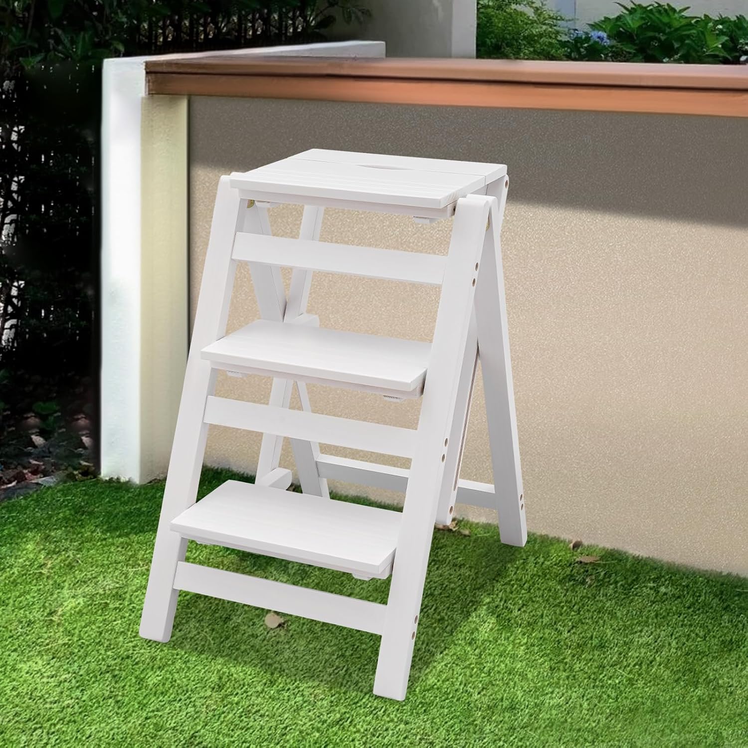 3 Step Ladder Folding Step Stool, Portable Wooden Closet Collapsible Step Stool Multi-Functional Kitchen Step Ladder for Adults, 220lbs Load Capacity, White