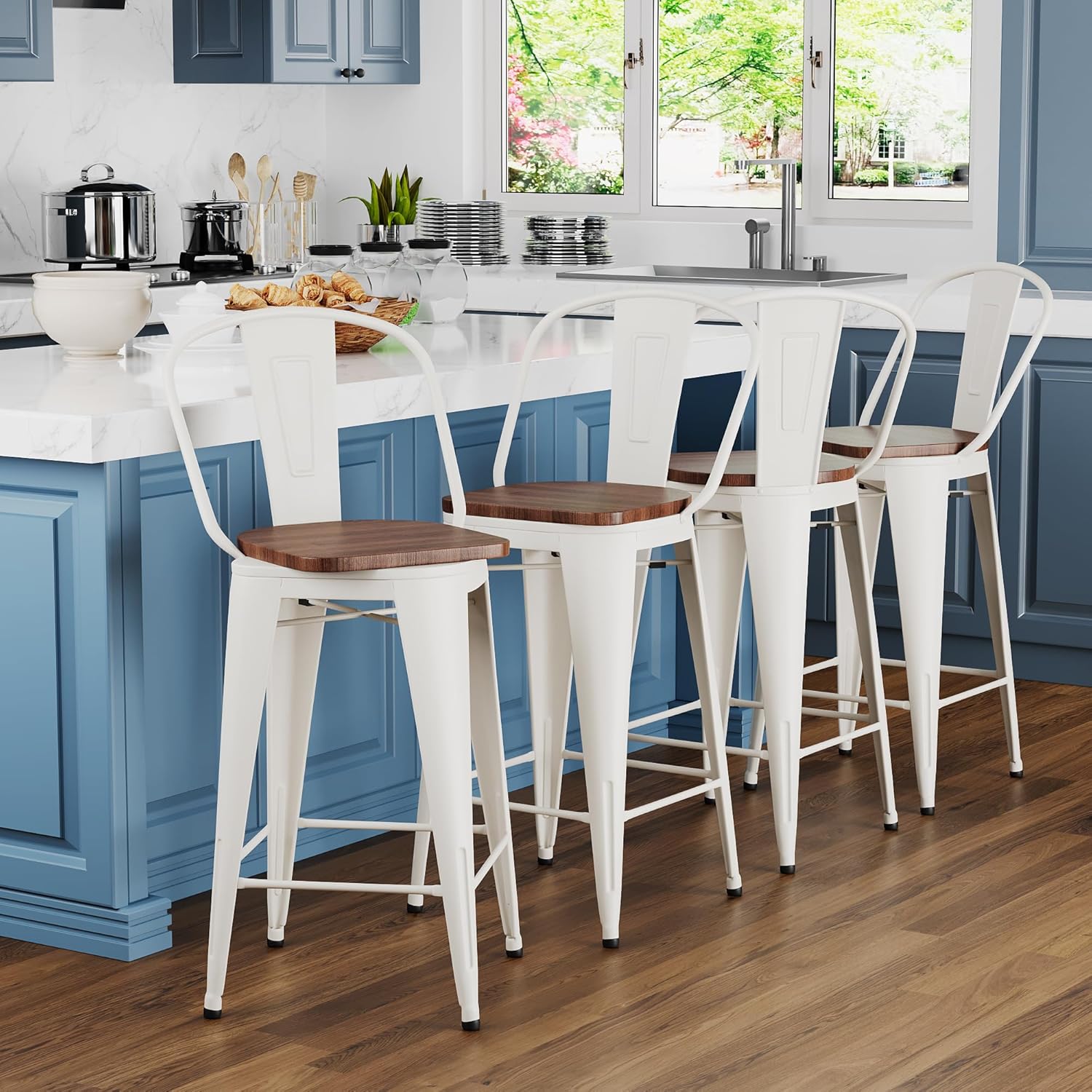 30" Swivel Metal Bar Stools Set of 4 Bar Height Chairs Industrial High Back Barstools with Large Wooden Seat Cream White