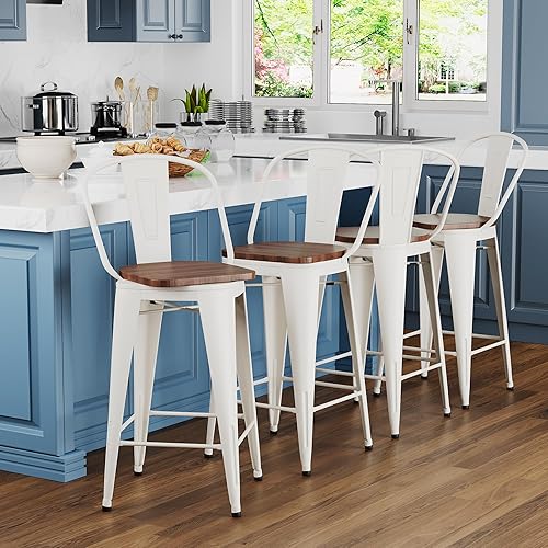 Juego de 4 taburetes de bar giratorios de metal de 30 pulgadas, taburetes de bar industriales de respaldo alto con asiento de madera grande, color