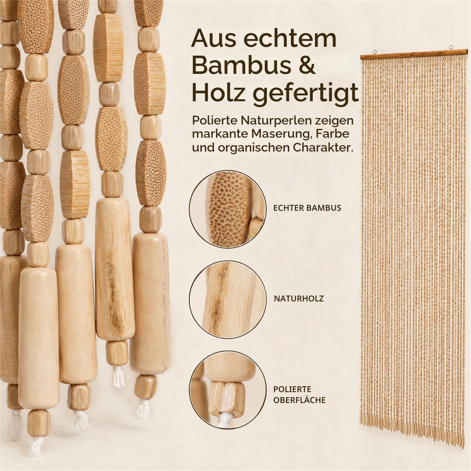 Bambus Perlenvorhang Türvorhang 52 Stränge Retro Holzperlenvorhang Natur Perlenvorhang Fadenvorhang Insektenschutz Fliegenschutz 90x200cm