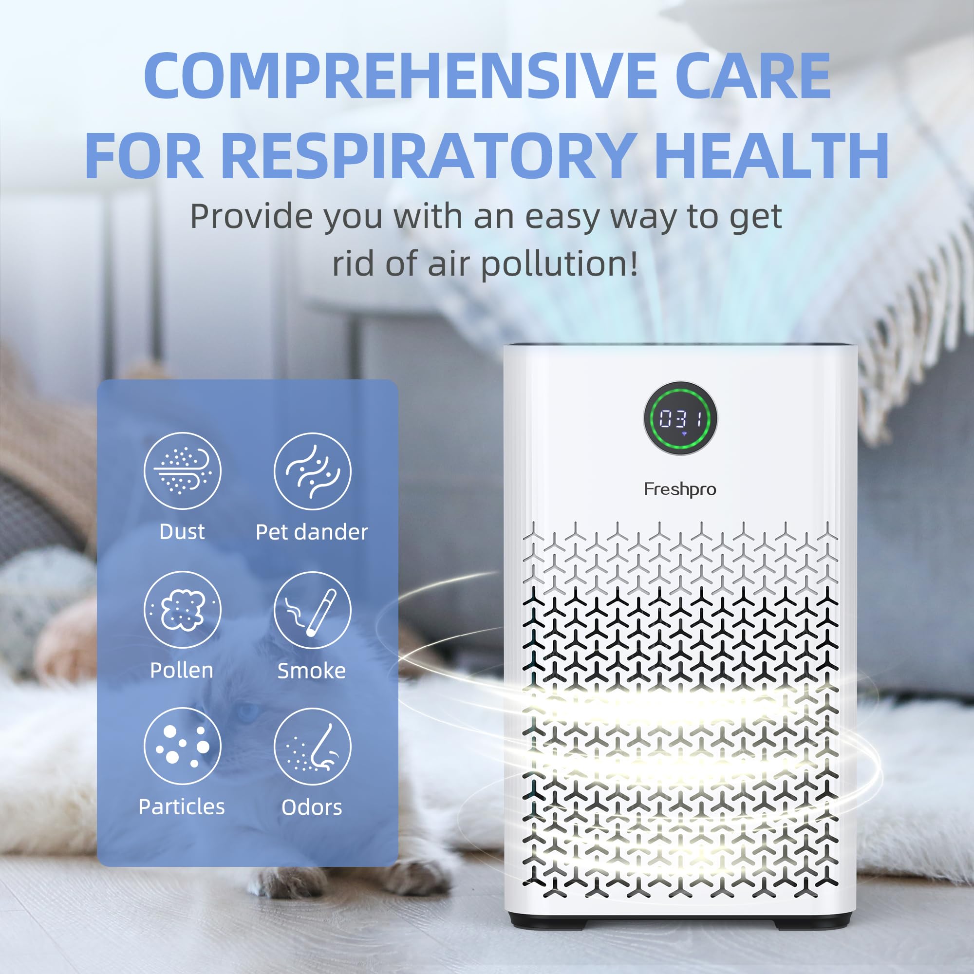 Freshpro Air Purifier for Home, Covers Up to 2000 Sq 3in1 Air Filter