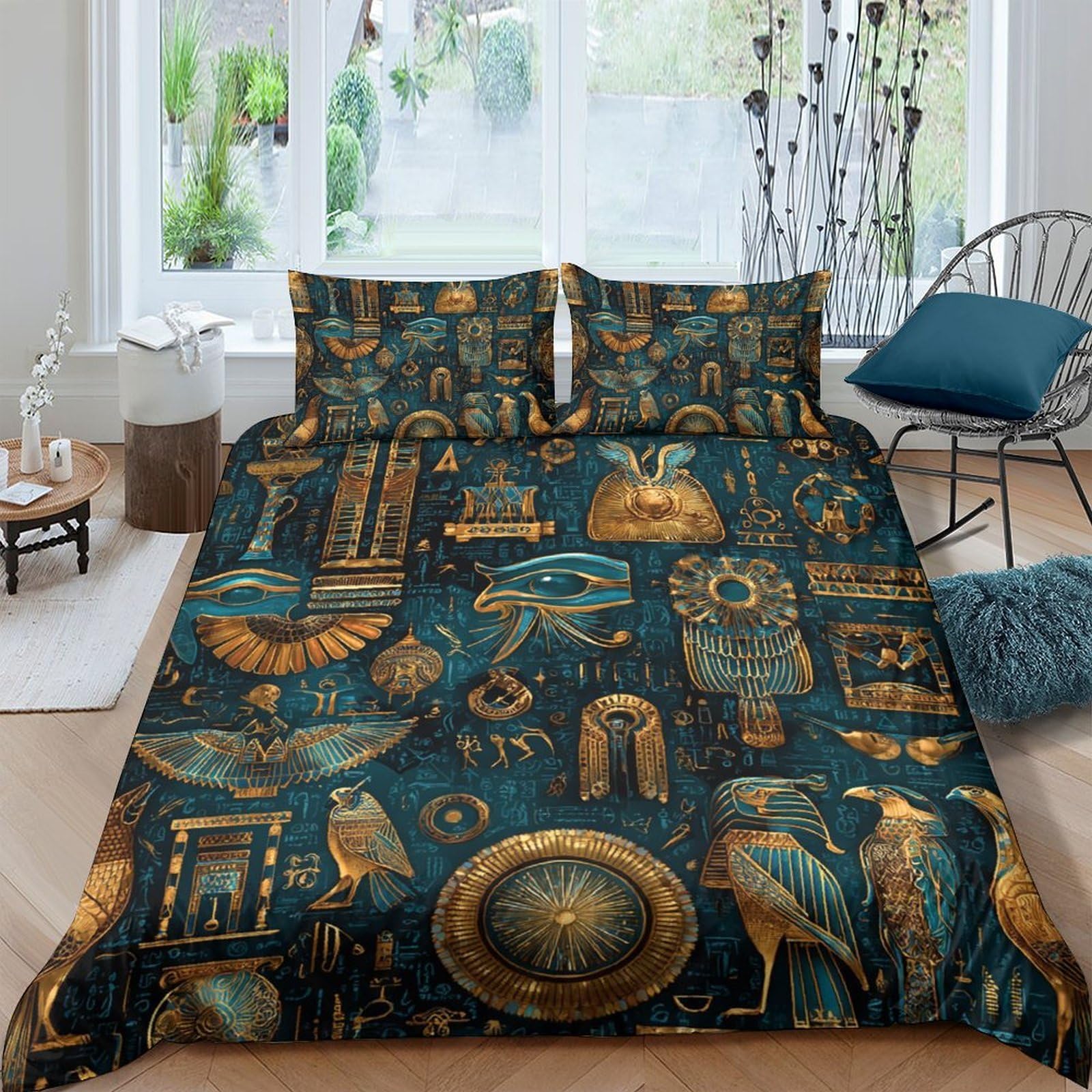 GPLZQXKJNH 3D Printed Ancient Egypt Duvet Cover Set Microfiber Soft Blue Gold Hieroglyphs Bedding Set with 2 Pillowcases for Bedroom Decor Single（135x200cm）