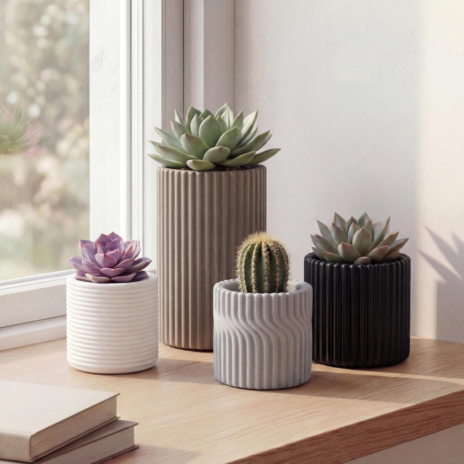 JONATHAN Y Noa Modern Minimalist Handmade Concrete Fluted Cylinder Planter Set, Matte Monochrome Neutral (Set of 4) (PLN1004A-4SET)