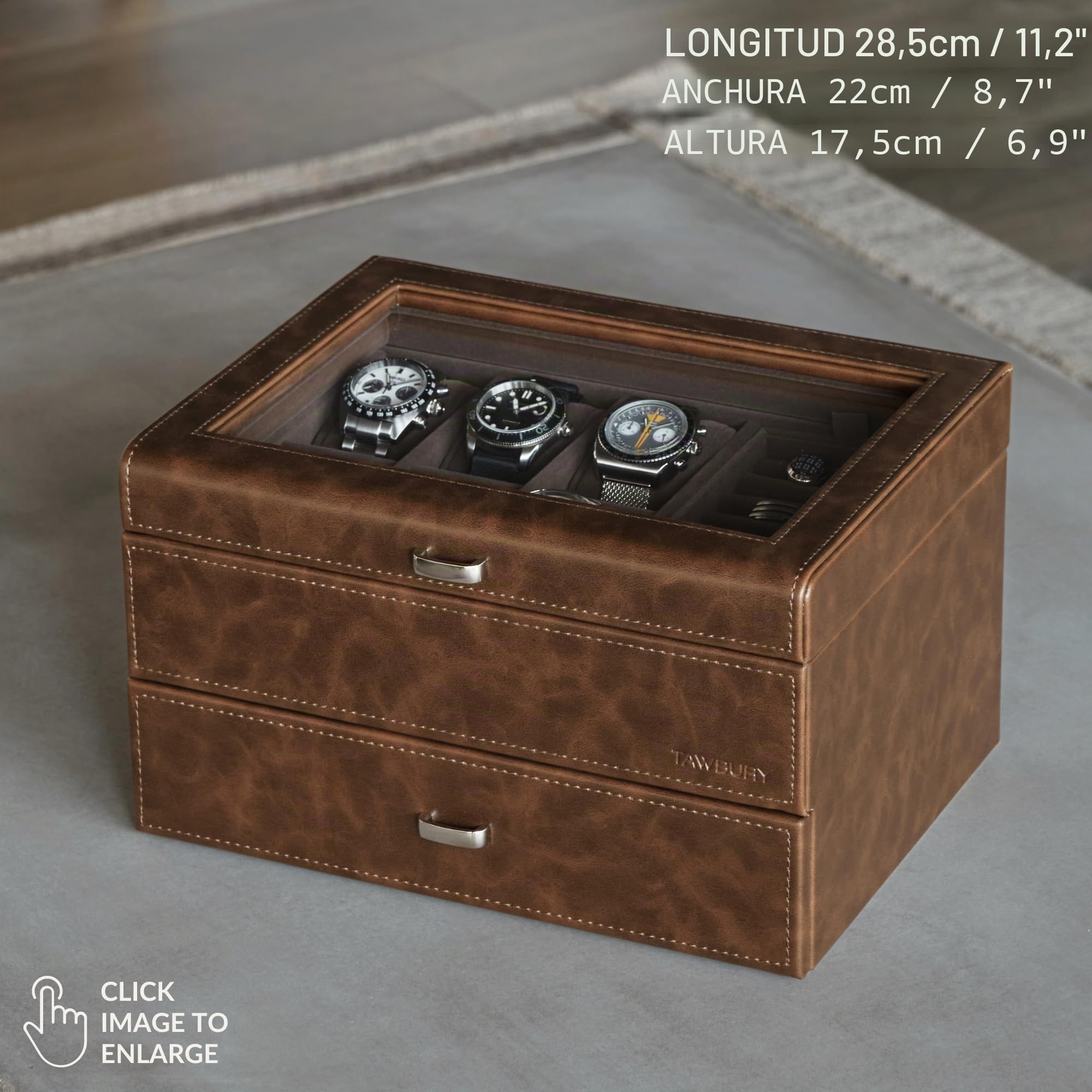 TAWBURY Estuche de Cuero Vegano para 6 Relojes y Joyería para Hombre - Organizador y Caja de Almacenamiento