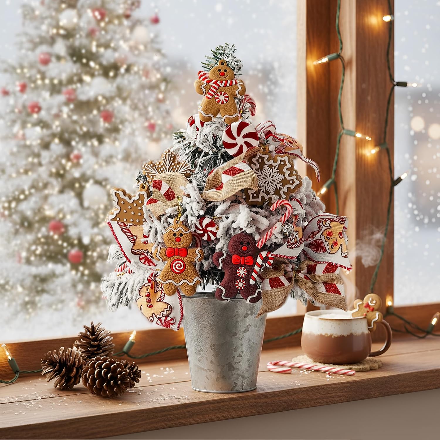 Bunny Chorus Christmas Table Decorations, Artificial Plants with Gingerbread Man Frost Snowflake Cookie Pine Tree, Rustic Metal Pots, Xmas Tree Tabletop Centerpieces for Dining Home Mantel Shelf Decor