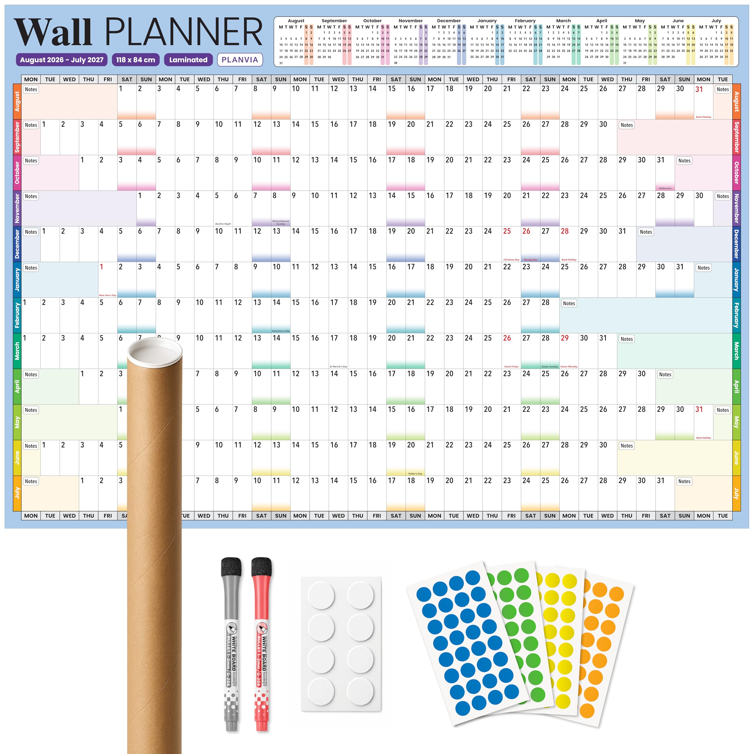 XL 2026-2027 Academic Year Wall Planner A0 (118 x 84cm) UK Calendar Laminated Rolled No Creases Erasable Yearly Wall Chart with Dry Erase Pens, Adhesive Pads & Coloured Stickers Home Office by Planvia
