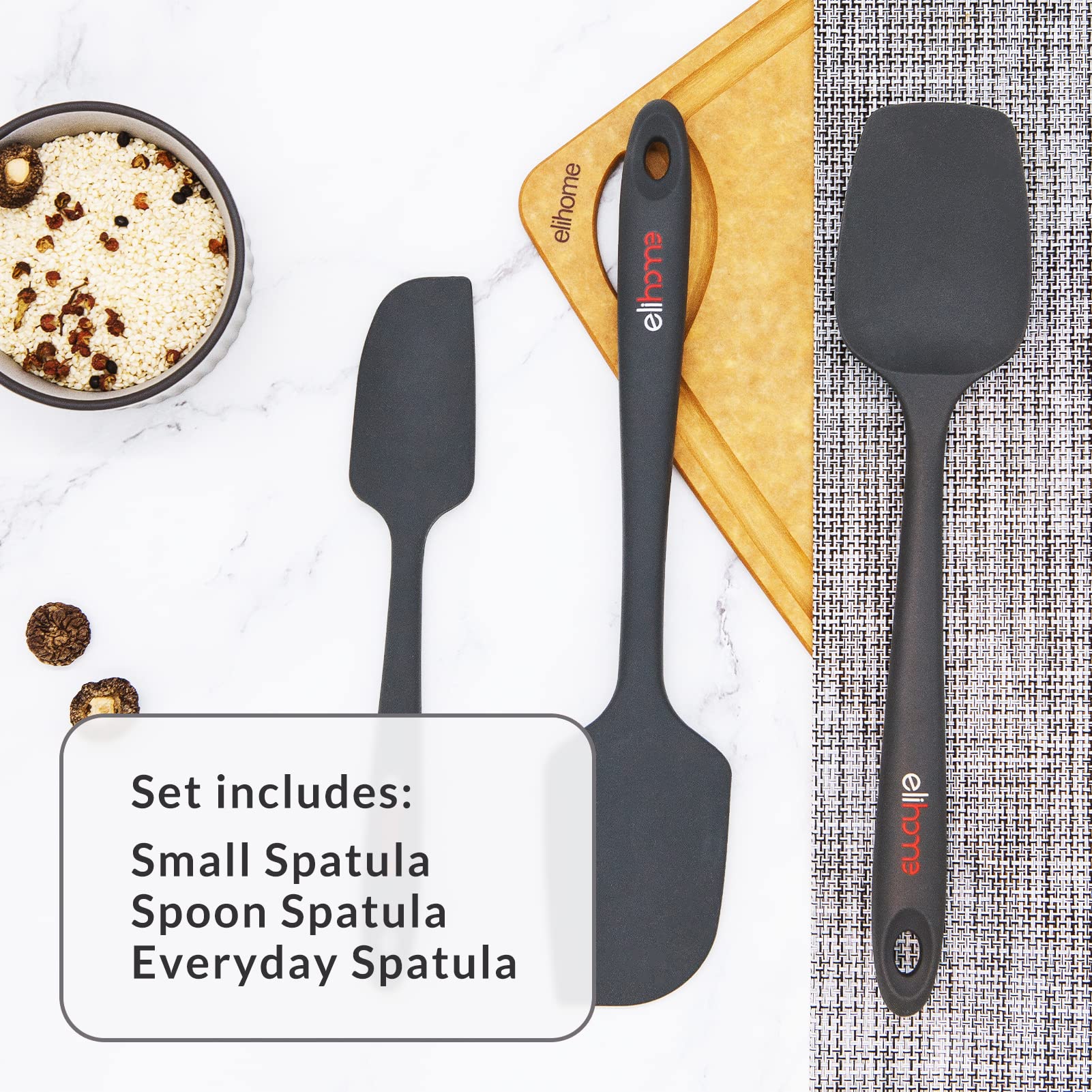 Elihome Chef Series - Juego de espátulas de silicona de 3 piezas, resistentes al calor, antiadherentes, espátulas para cocinar, hornear, mezclar, sin BPA y silicona certificada LFGB (negro)