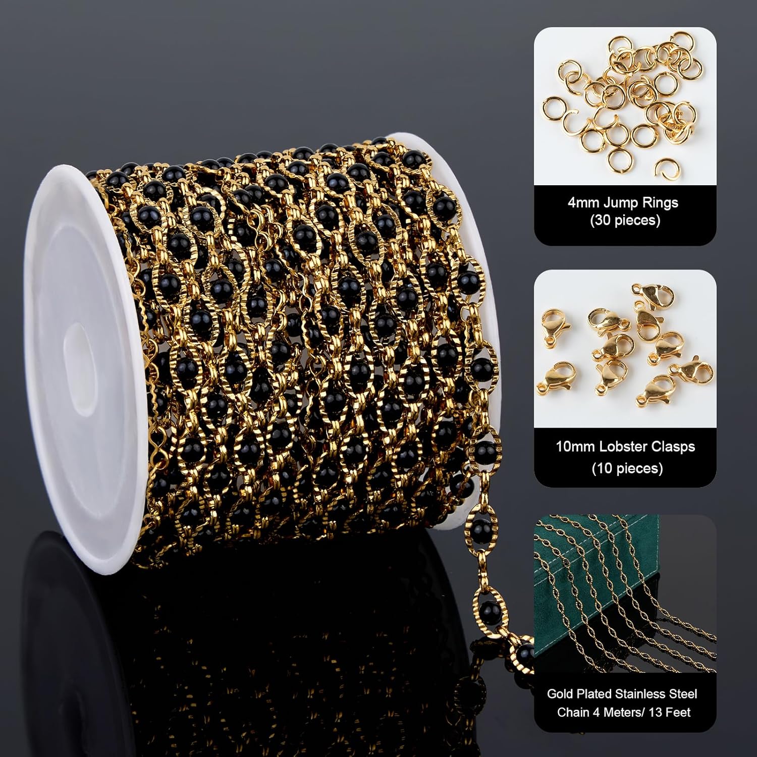 UMAOKANG 13 Feet Black Bead Evil Eye Chains for Jewelry Making Gold Plated Stainless Steel Chain Roll with Jump Rings and Lobster Clasps - Image 2