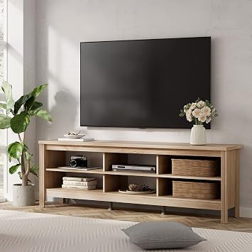 WAMPAT Farmhouse TV Stand for TVs up to 80 Inches, White Oak Entertainment Center for 75 inch TV Console Table with 6 Cubby Storage for Living Room Bedroom, 70