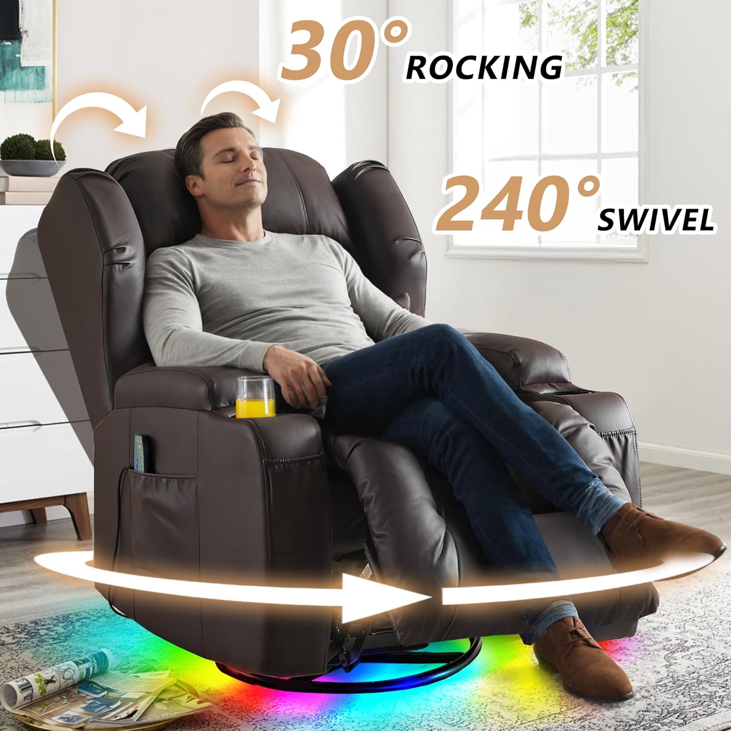 DRMBOOK Dual Motor Power Swivel Rocker Recliner Chairs, Electric Wall Hugger Reclining Sofa with Massage & Heat, Comfy Theater Seating with LED Light/USB/Type-C Ports (Leather Brown, Single Chair)