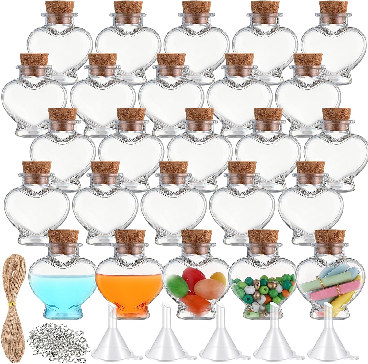 Bokon 25 Pack 1 oz Mini Plastic Bottles with Cork,Heart | Small Potion Bottles, Tiny Clear Sand Art Jar, Wishing Vial Bulk for Birthday, Halloween Valentines Party, DIY Crafts Gift