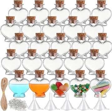 Bokon 25 Packs 1 oz Mini Plastic Bottles with Cork, Heart