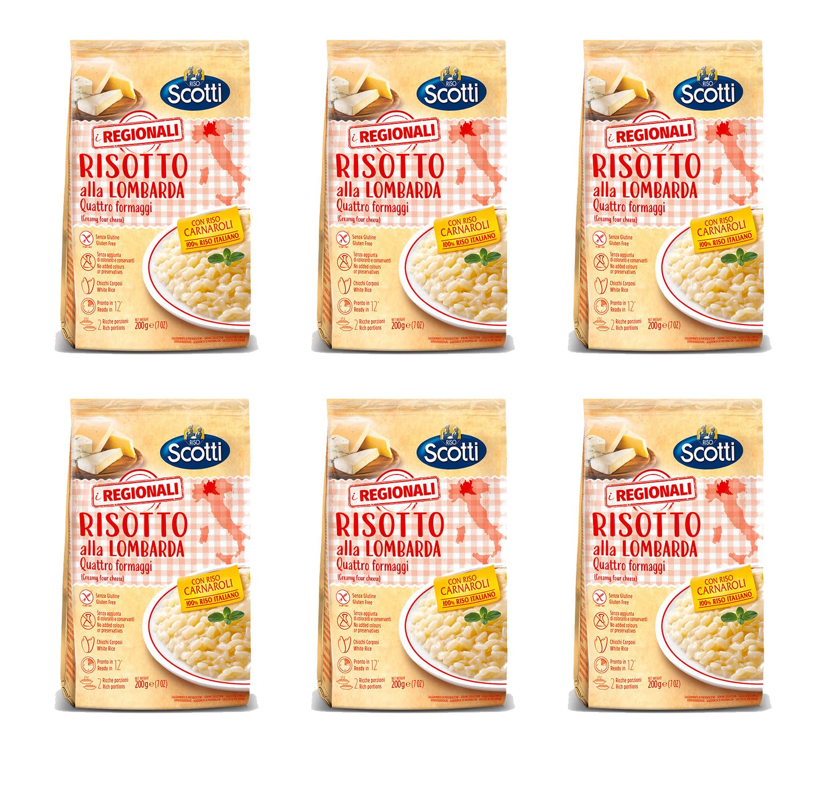 Riso Scotti I Regionali Risotto alla lombarda - Quattro formaggi - 6 confezioni da 200 g - Senza glutine - Senza aggiunta di coloranti