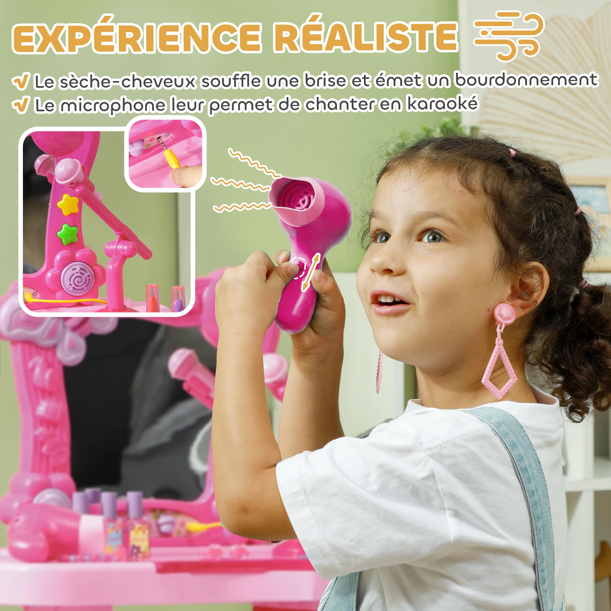 AIYAPLAY Ensemble de Coiffeuse pour Enfants 15 PCS, Table de Maquillage avec Tabouret et Miroir, lumière, Musique, Microphone, sèche-Cheveux, Espace de Rangement, pour Filles de 3 à 6 Ans, Rose