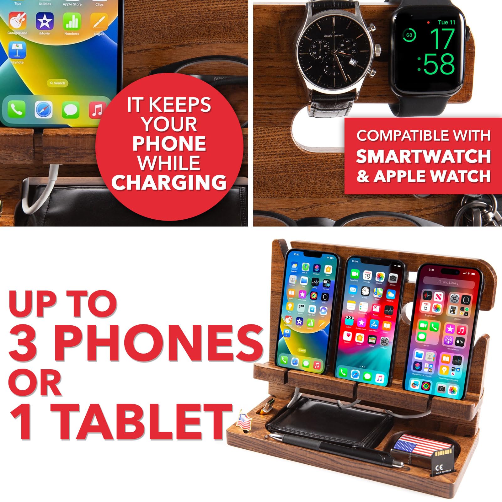 Greta Oto Estación de Carga de Madera Personalizado para Movil, Tableta, Cartera, Gadgets, Reloj, Llaves, Soporte Escritorio de Trabajo, Mesita de Noche, Regalos para Hombre (Marrón)