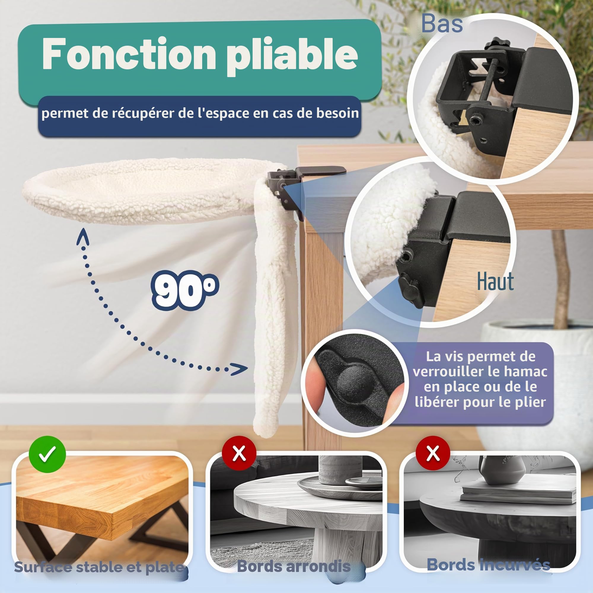 Hamac de bureau pour chat, cadre en acier, pliable, lavable, en félin, plateau de travail, lit d'étagère, parfait bureau rond doux