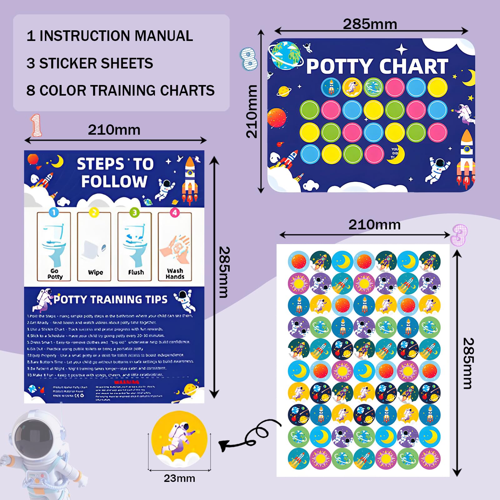 12 Pcs Potty Training Reward Chart with 210 Stickers Toilet Training Sticker Chart for Toddlers Fun & Motivational Space Pattern Wipe-Clean Easy to Use Ideal for Home & Preschool - Image 2