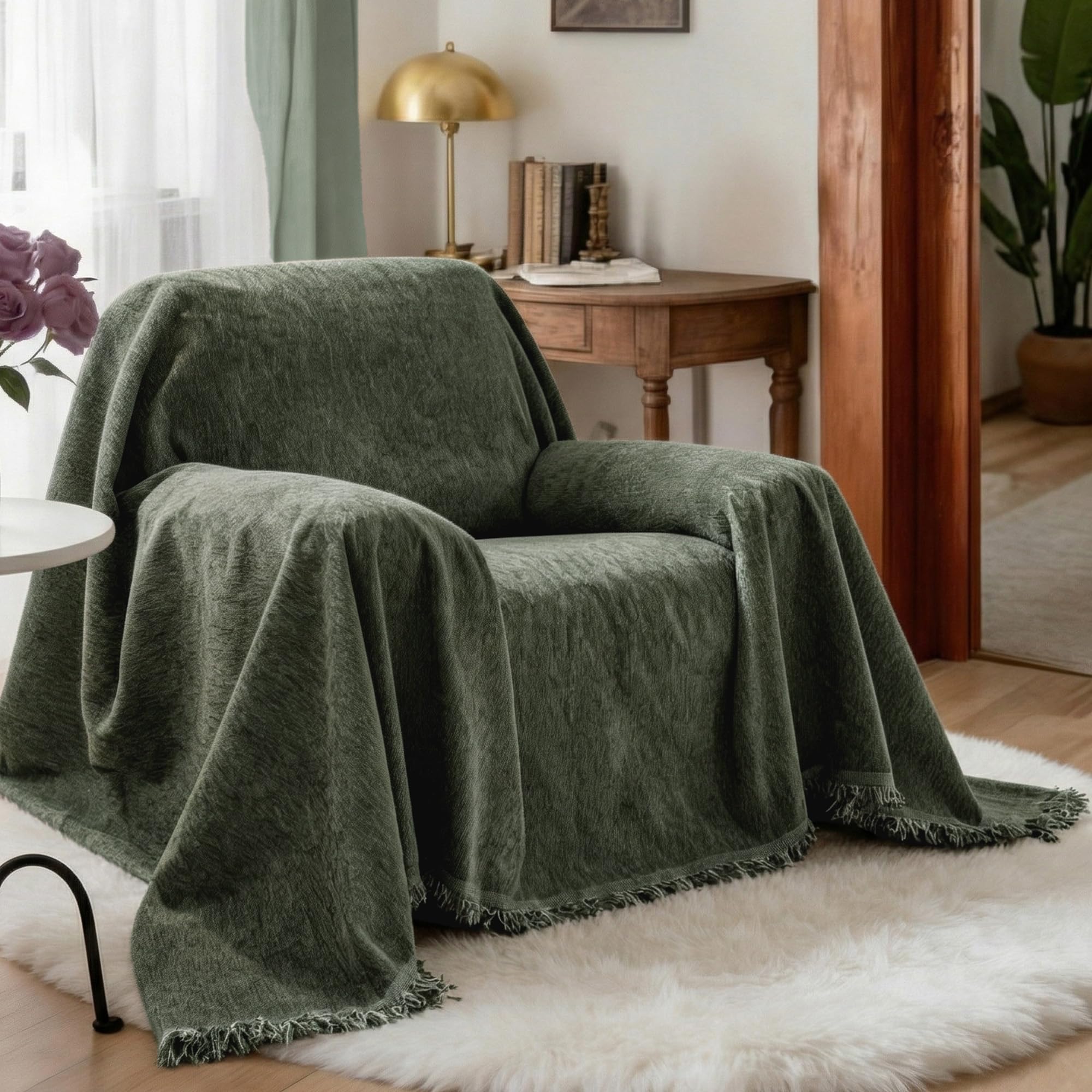 Olivgrün Sofa Protector Cover Überzug Sofaüberwurf in Unifarbe Sofabezug Couch Cord Chenille 230x340cm für 2/3/4 Sitzer U/L Form Bett Schonbezug Sofaschutz Hund Katze Kratzschutz Zum Schutz
