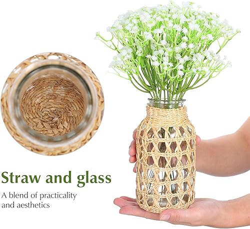 Miniatura 5 de Cabilock Jarrón de ratán tejido para flores, contenedor decorativo para arreglos florales, jarrón floral de vidrio de caña de estilo bohemio,