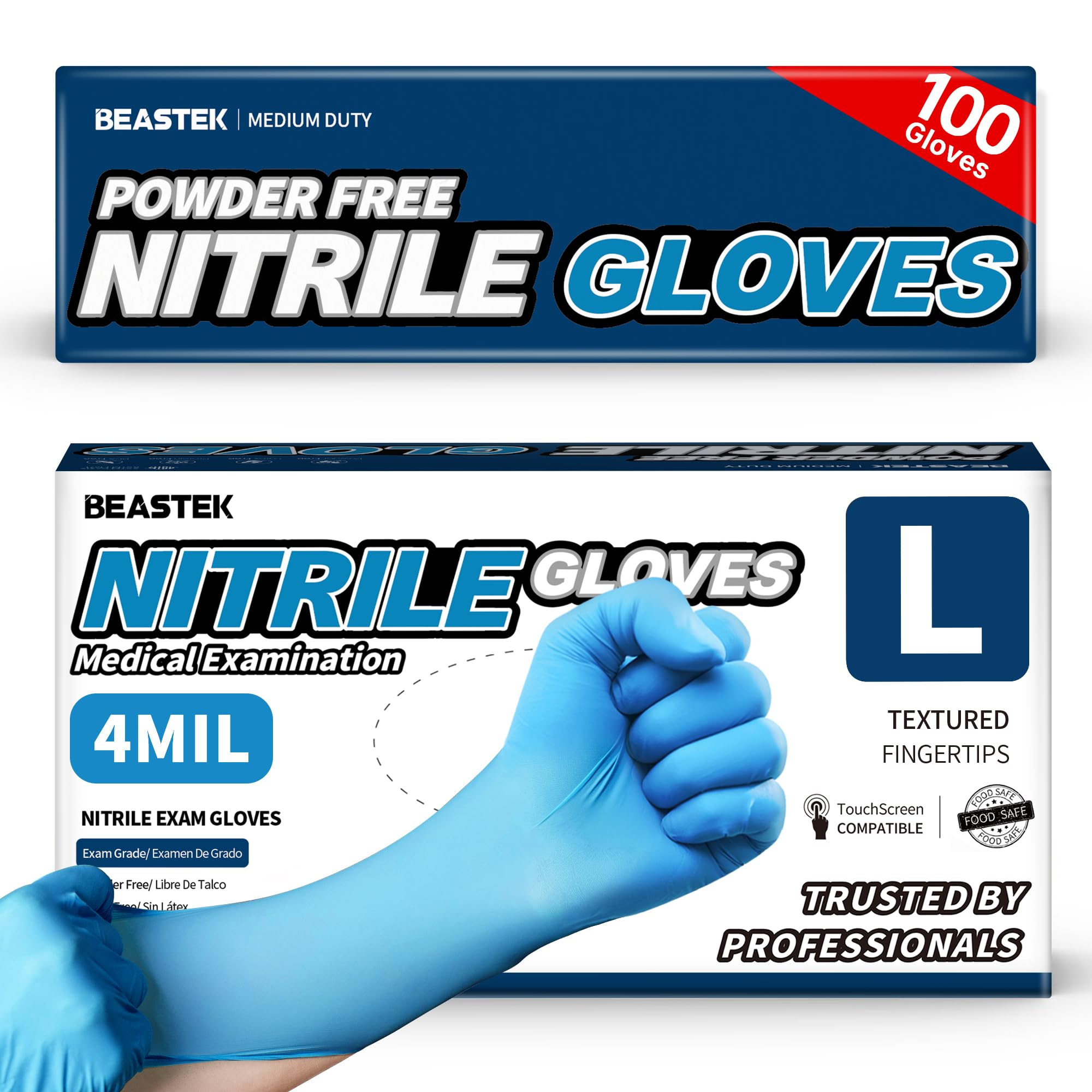 Beastek Blue Nitrile Exam Gloves, 4 Mil Disposable Powder-Free Latex-Free Medical Food Safe Cooking Cleaning Gloves, 100 Pcs