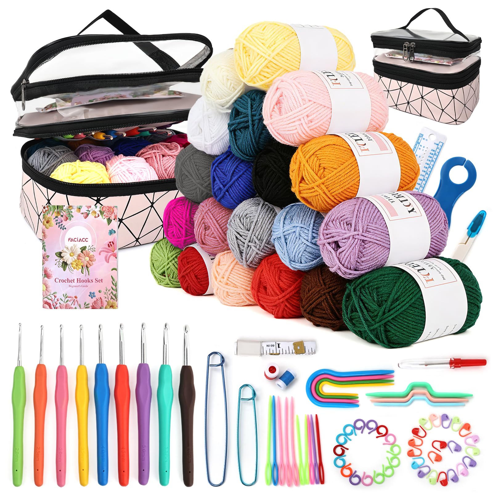 FACIACC Set di 91 uncinetti per principianti, 20 lana, set di uncinetti portatili, con istruzioni, custodia impermeabile, 2 mm - 8 mm, uncinetti ergonomici e accessori all'uncinetto, rosa