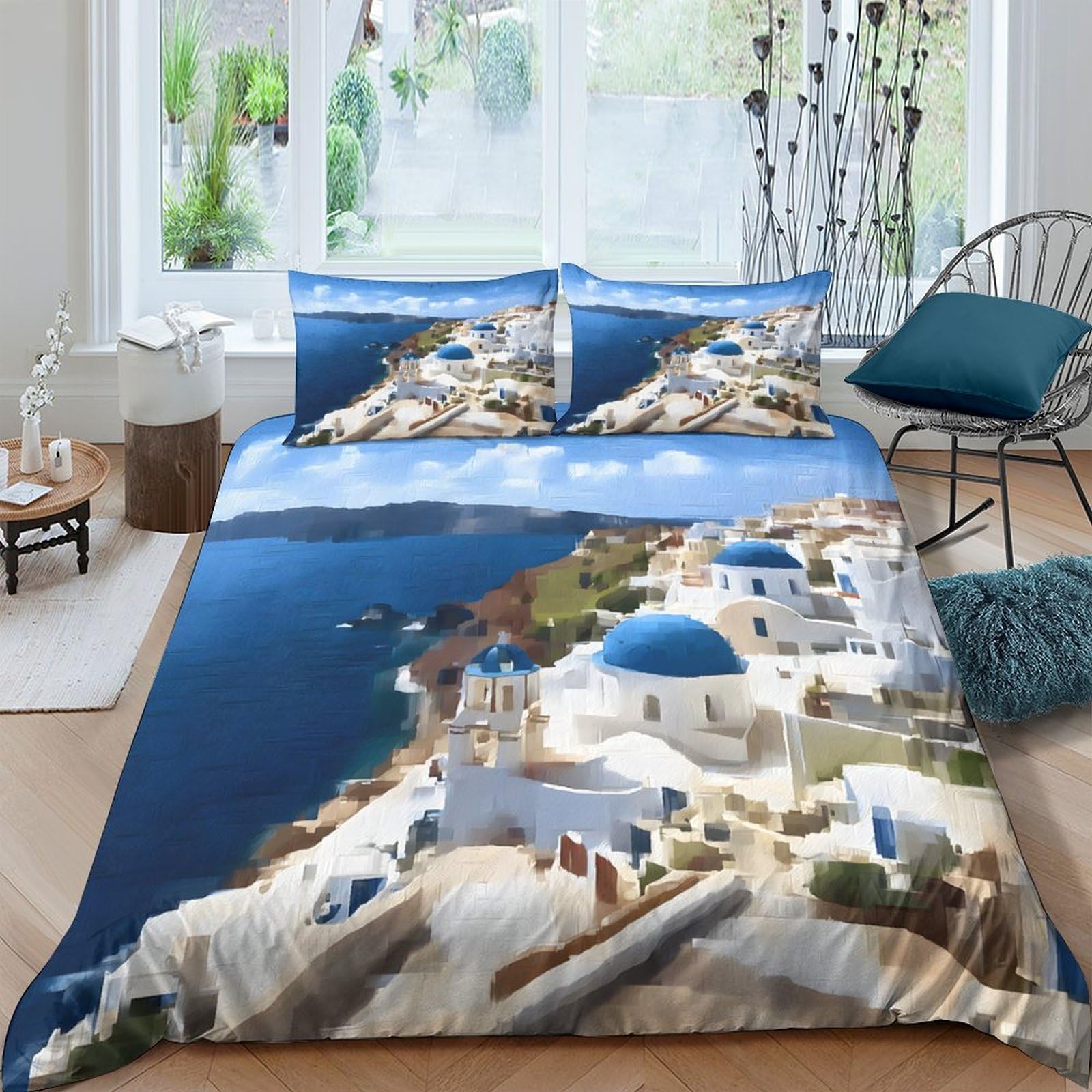 Ctjqhvkz Style-5 3D Printed Santorini Blue Dome Fitted Sheet Microfiber Bedroom Decor Mediterranean Coast Mattress Cover Single（135X200cm）