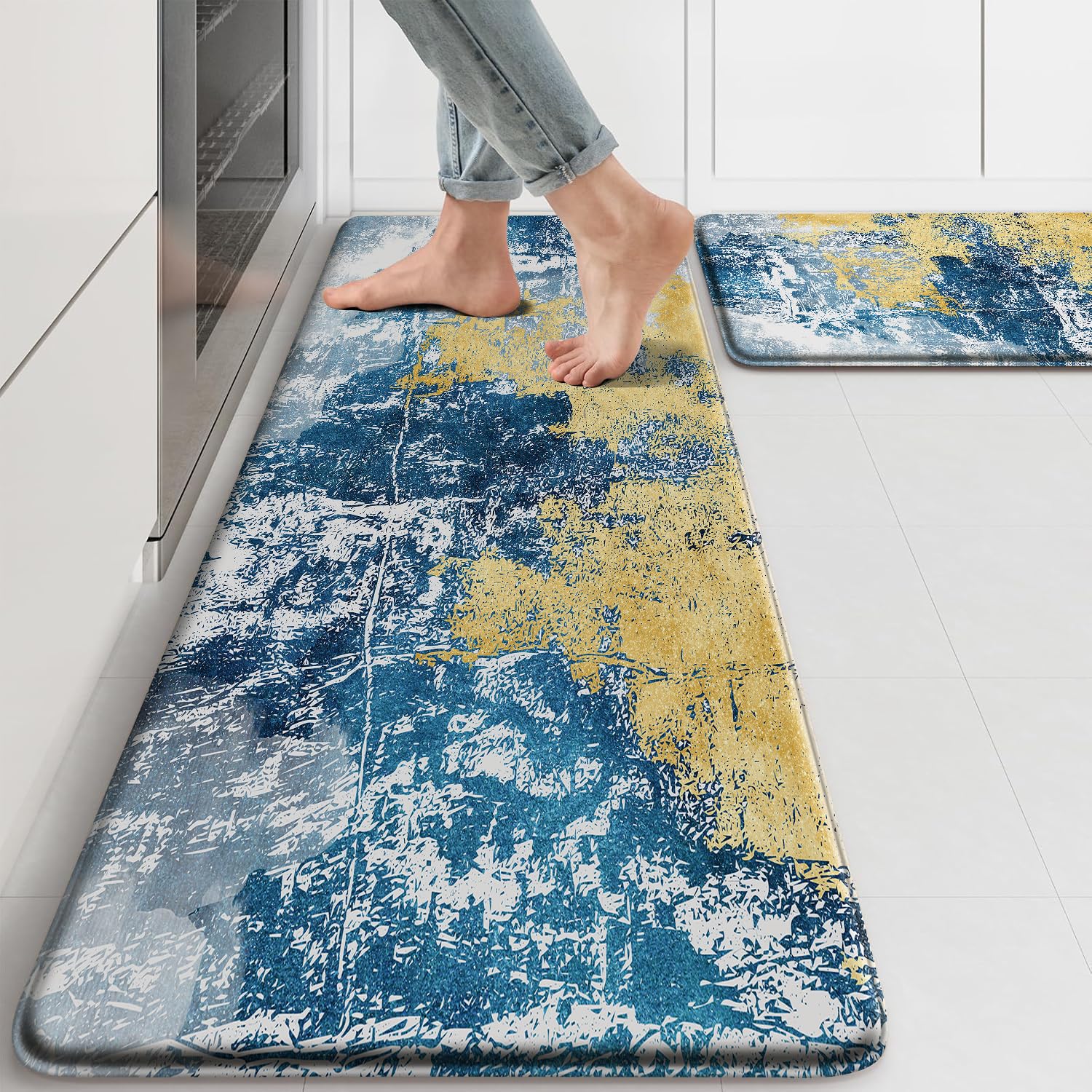 Blue Kitchen Mat Anti Fatigue Mats for Kitchen Floor Blue and Gold Retro Design Comfort Mats Non Slip Washable Padded Kitchen Rugs for Standing Long for Kitchen Dining Room,Office,Sink,Laundry