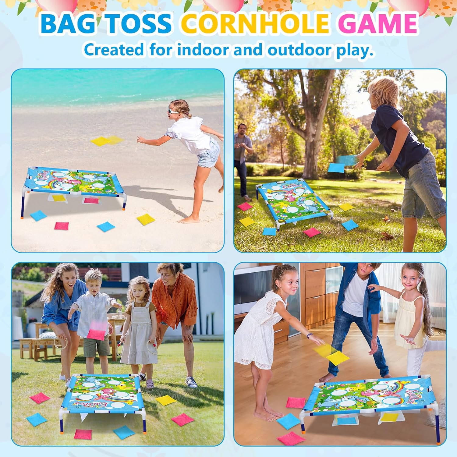 Easter Bean Bag Toss Games with 6 Bean Bags Bunny Portable PVC Framed Cornhole Game Set for Easter Family Holiday Birthday Outdoor Game Party