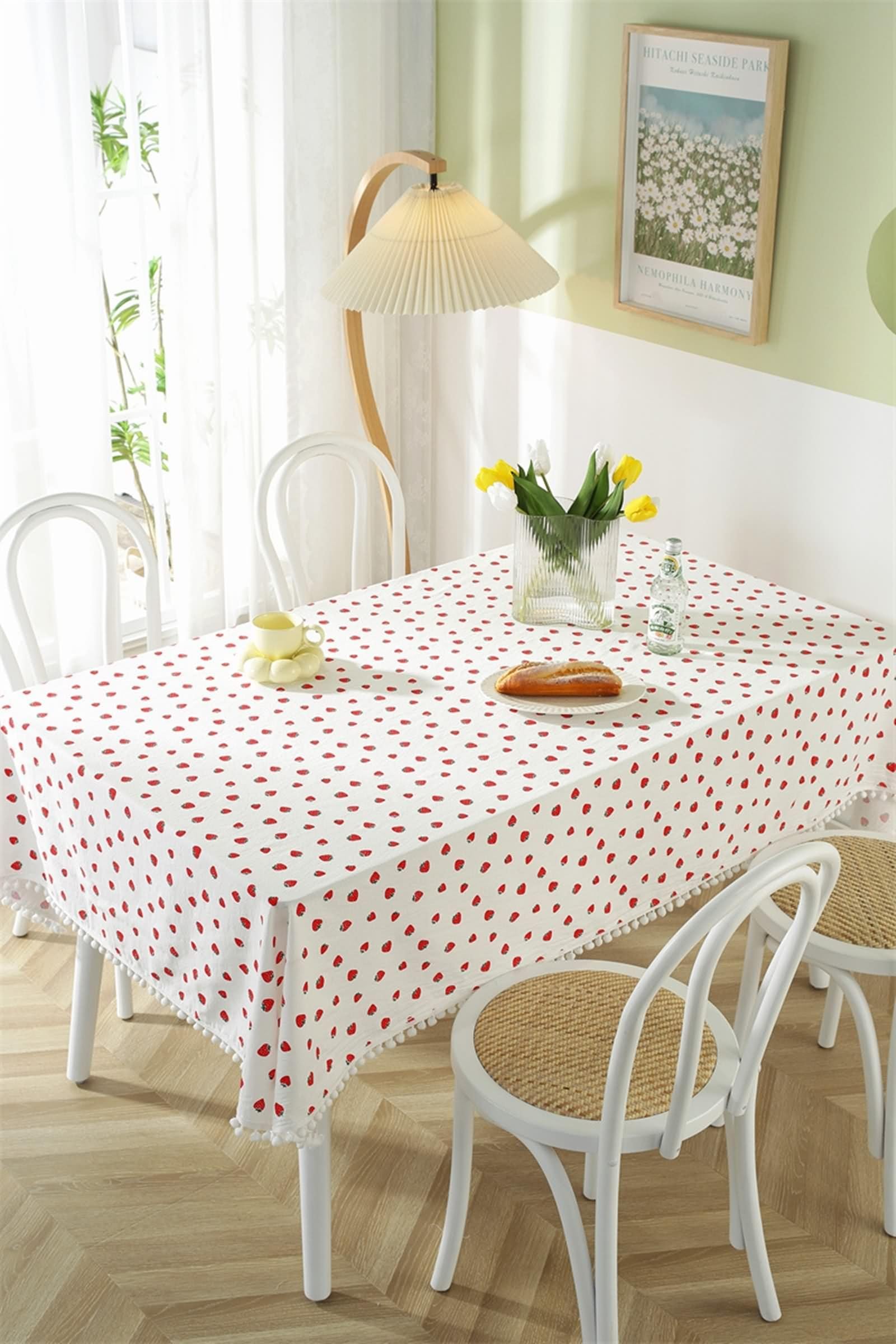Manteles de mesa bohemios para sala de estar, manteles de tela con estampado de fresas, bonitos manteles blancos modernos de mediados de siglo, de algodón, 87 x 55 pulgadas