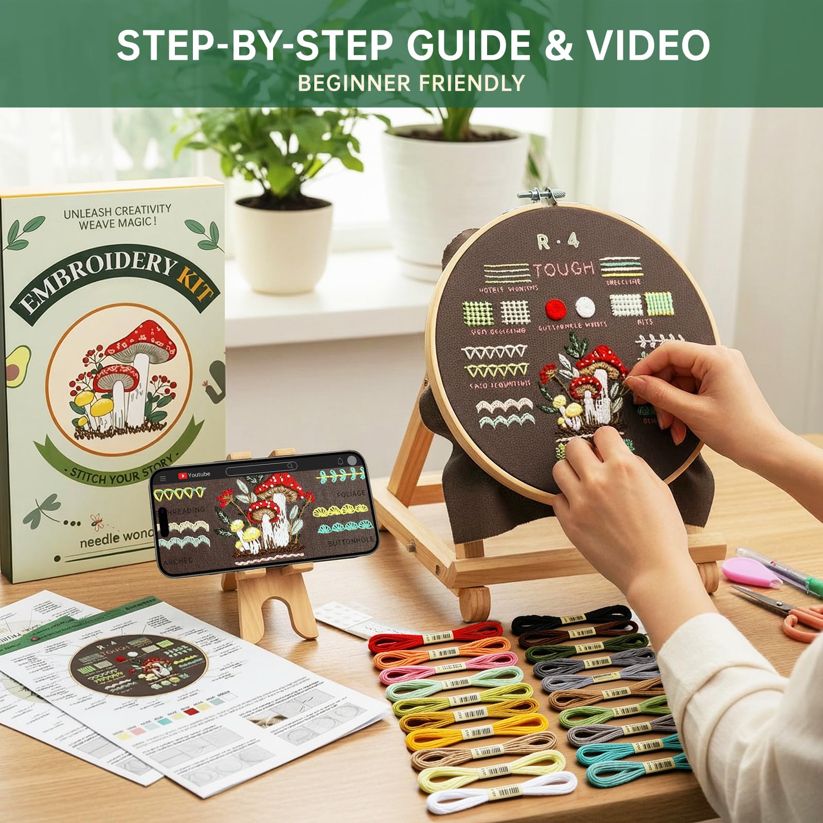 Dazhqp Kit da ricamo per principianti adulti, confezione da 4 kit per ricamo con 38 punti guida passo passo e video, pre-modelli, fili, aghi e cerchio, kit artigianali per adulti