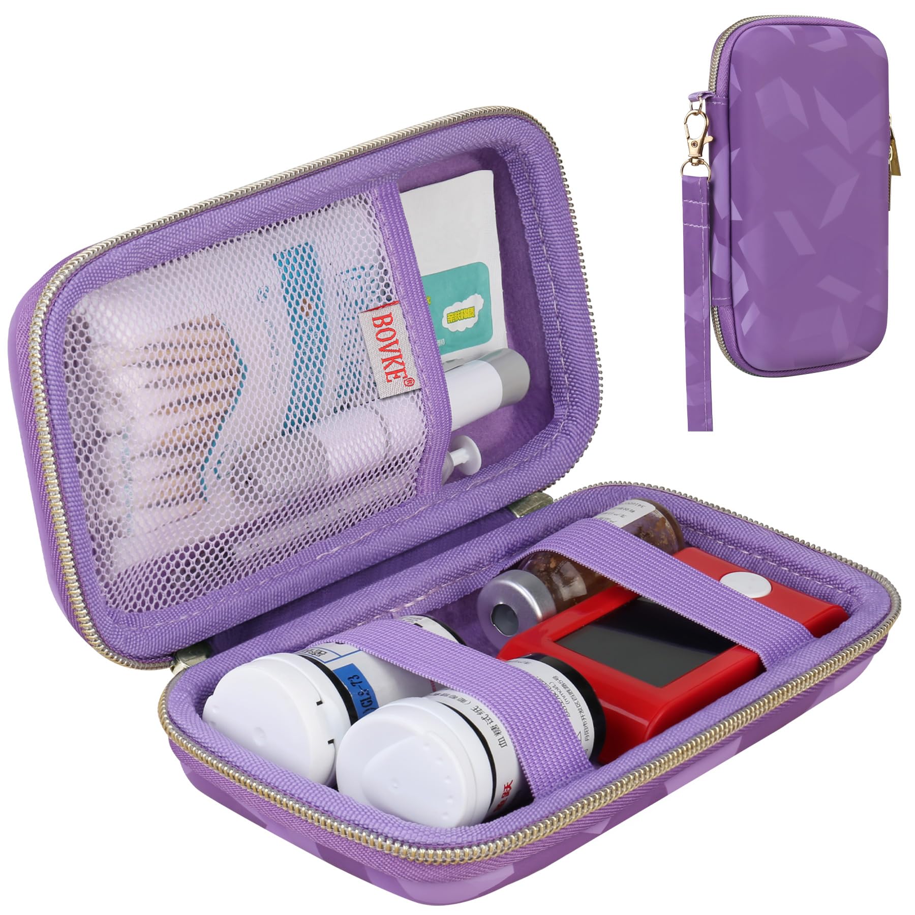 BOVKE Diabetic Supplies Travel Case, Storage Carrying Bag for Diabetes Testing Kit, Blood Glucose Monitor Meters, Test Strips, Medication, Lancets, Needles, Syringes & Diabetic Suppliess, Purple Cube